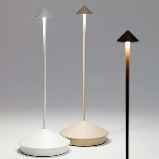 Modern portable LED table lamp, dimmable for indoor/outdoor ambient lighting.