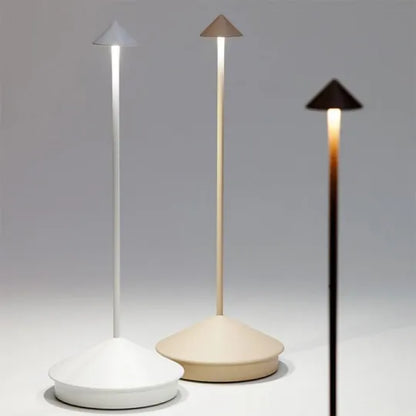 Modern portable LED table lamp, dimmable for indoor/outdoor ambient lighting.