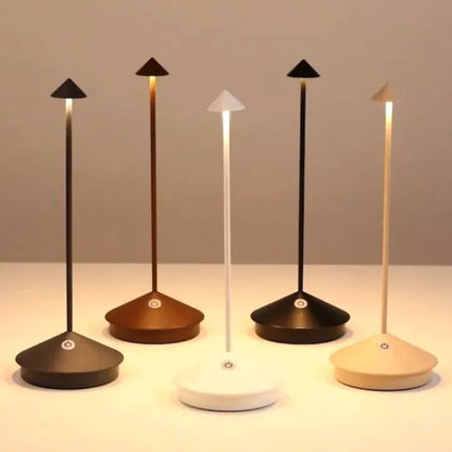 Rechargeable LED table lamp, wireless and dimmable for versatile home lighting.