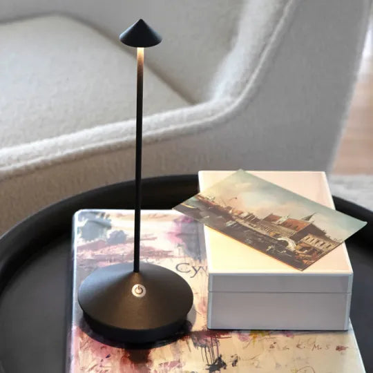 Compact wireless LED lamp, dimmable for portable indoor/outdoor use & home decor.
