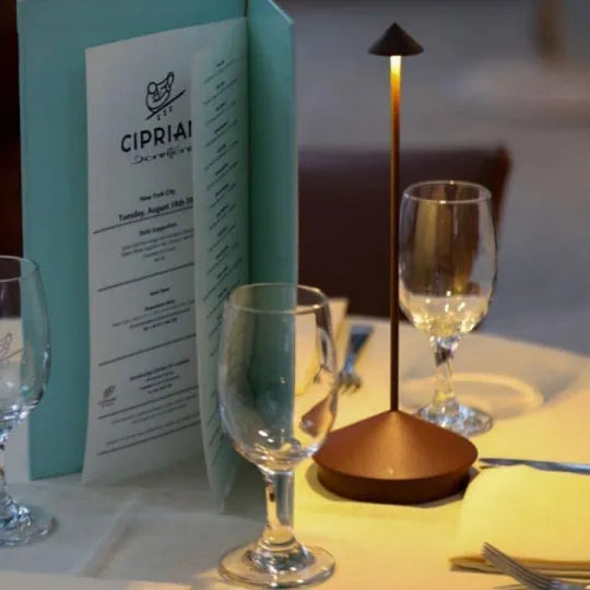 Contemporary wireless LED table lamp, rechargeable and dimmable for ambient light.