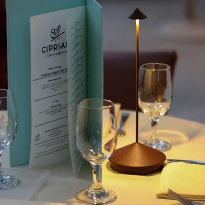 Contemporary wireless LED table lamp, rechargeable and dimmable for ambient light.