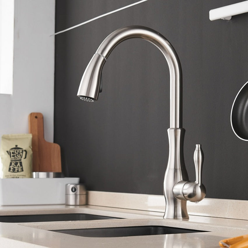 Sleek black FlexFlow pull-out kitchen faucet. Retractable tap for a modern kitchen upgrade.