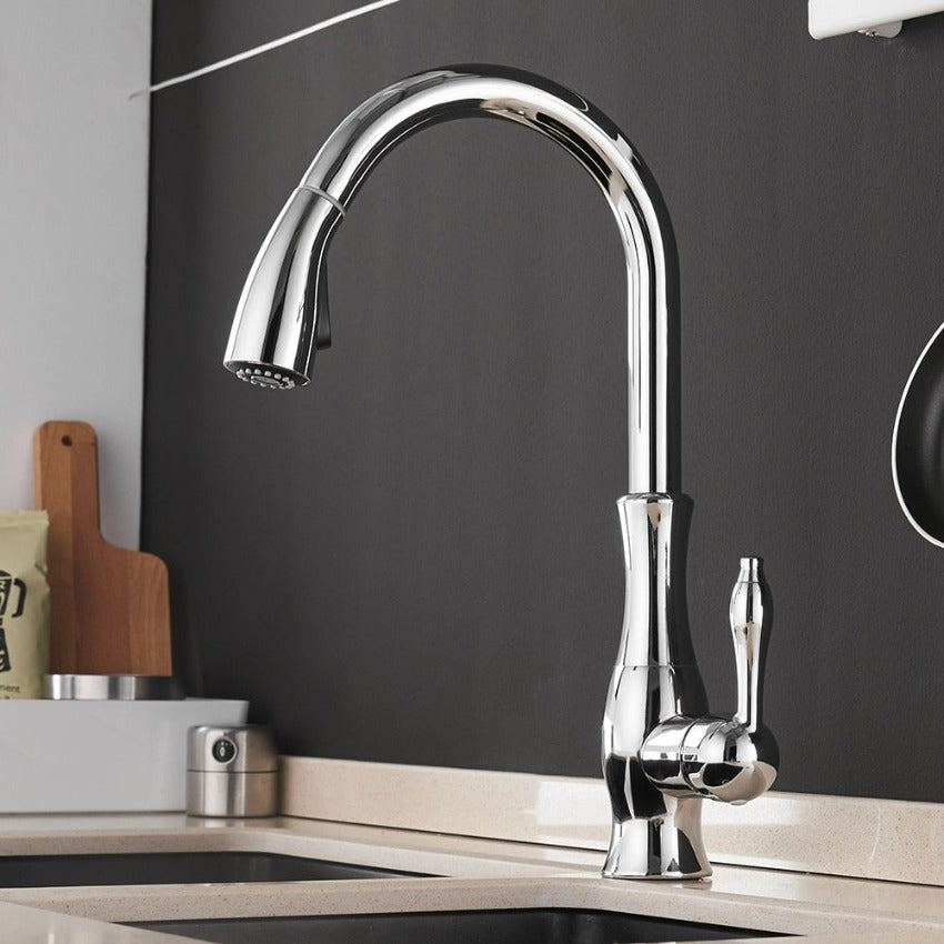Upgrade your kitchen with FlexFlow's pull-out faucet. Retractable design offers ultimate convenience.