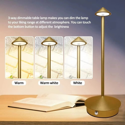 Cordless LED desk lamp, dimmable touch control, portable and rechargeable for reading or task lighting.
