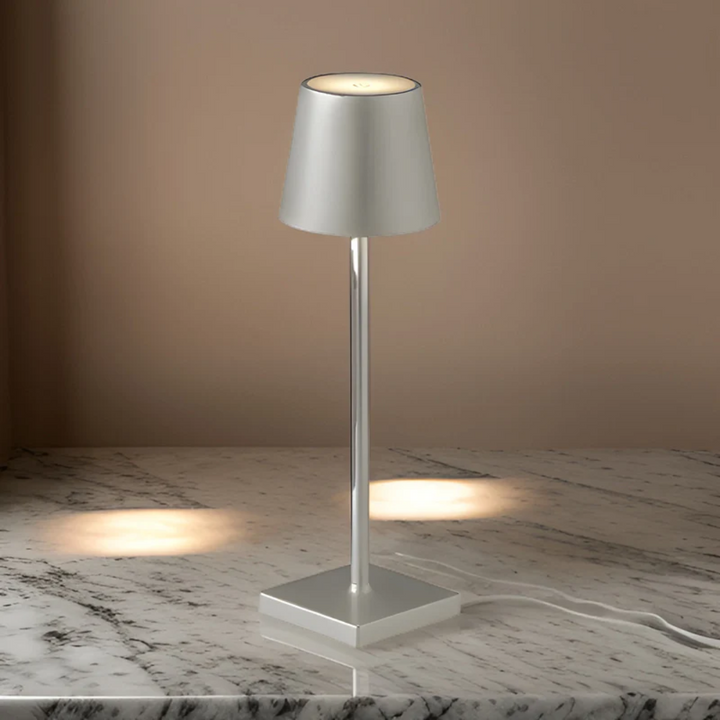 Portable Nordic rechargeable wireless table lamp, ideal for indoor or outdoor ambient lighting. Dimmable LED.
