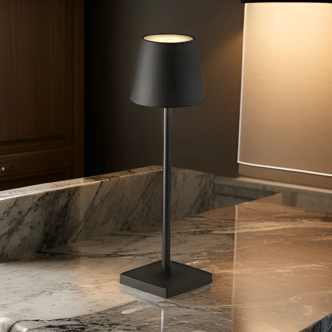Sleek aluminum modern wireless LED table lamp. Rechargeable with 3 brightness levels. Nordic decor style.