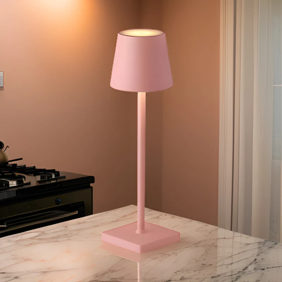 Dimmable wireless LED table lamp, rechargeable for portable indoor/outdoor use. Modern design, energy-saving.