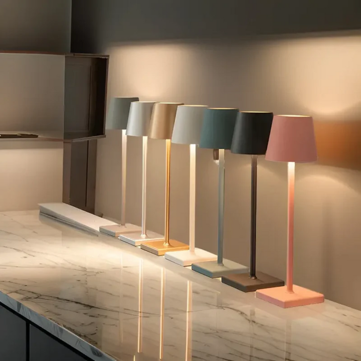 Multifunctional rechargeable wireless LED table lamp with 3 brightness levels for modern indoor/outdoor spaces.