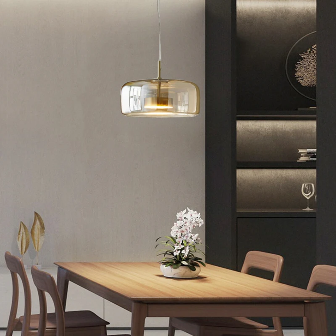 Modern retro LED pendant lamp with a glass shade, perfect for home interior lighting.