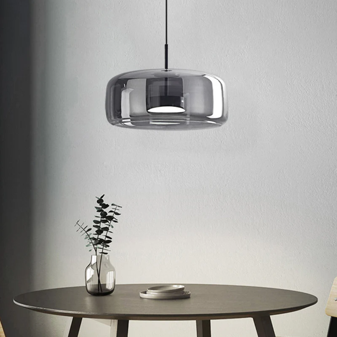 Elegant glass LED pendant lamp, blending modern and retro design for unique home decor.