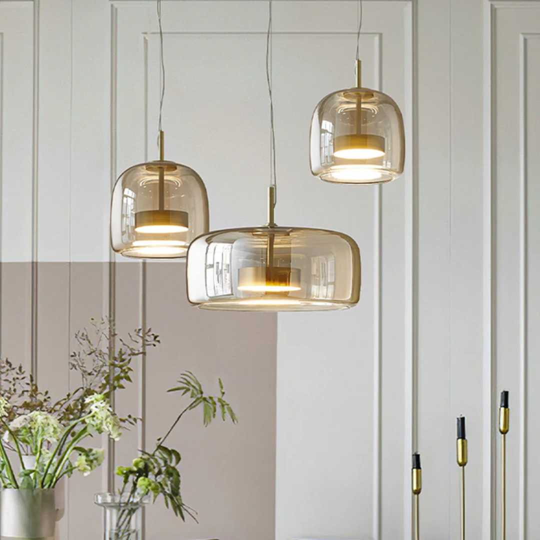 Retro industrial LED pendant light, black metal and clear glass, for a modern interior.