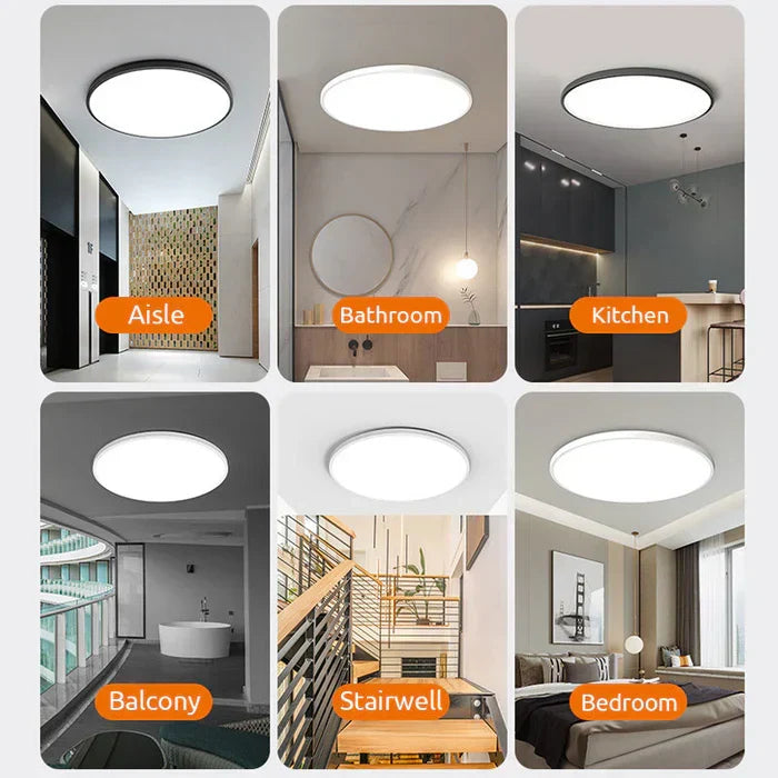 Bright, energy-efficient round LED ceiling light, creating modern ambiance for contemporary homes.