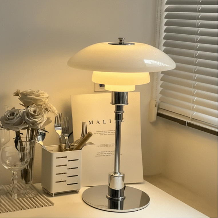 Modern Scandinavian dimmable LED table lamp with iron base & glass shade for ambient home decor.
