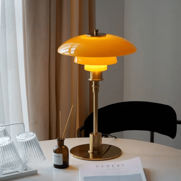 Elegant Scandinavian LED table lamp, dimmable for bedroom or living room ambient lighting.