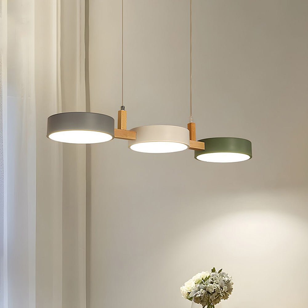 Minimalist wood and metal Scandinavian LED pendant lamp, a sleek modern ceiling fixture for home decor.