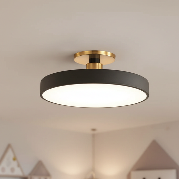 Modern semi-recessed LED ceiling light, Helligon, enhancing home ambiance with a sleek design.