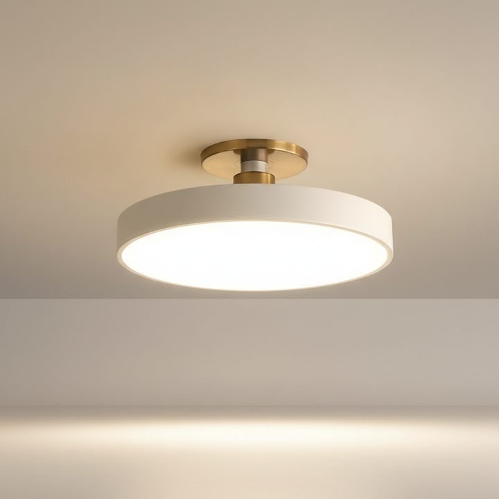 Modern semi-recessed LED ceiling light for kids room, Helligon, with soft acrylic light.