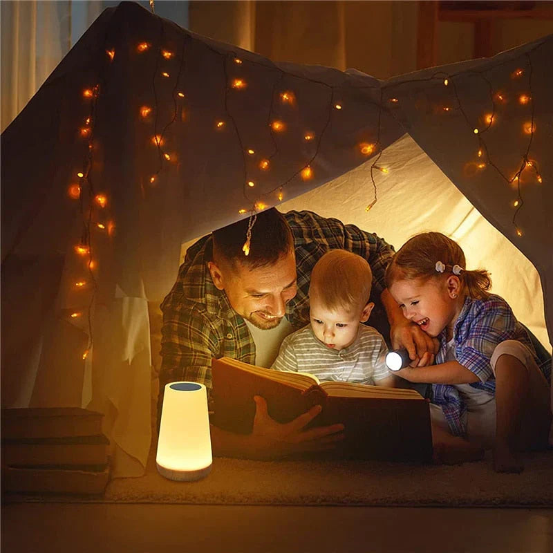 Color-changing LED night light with magical touch control. USB rechargeable, creates a soothing ambient glow.