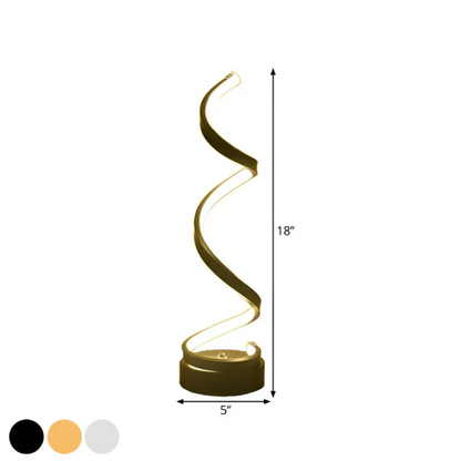 Sleek black modern spiral LED table lamp, dimmable, perfect for desk or bedroom ambient lighting.