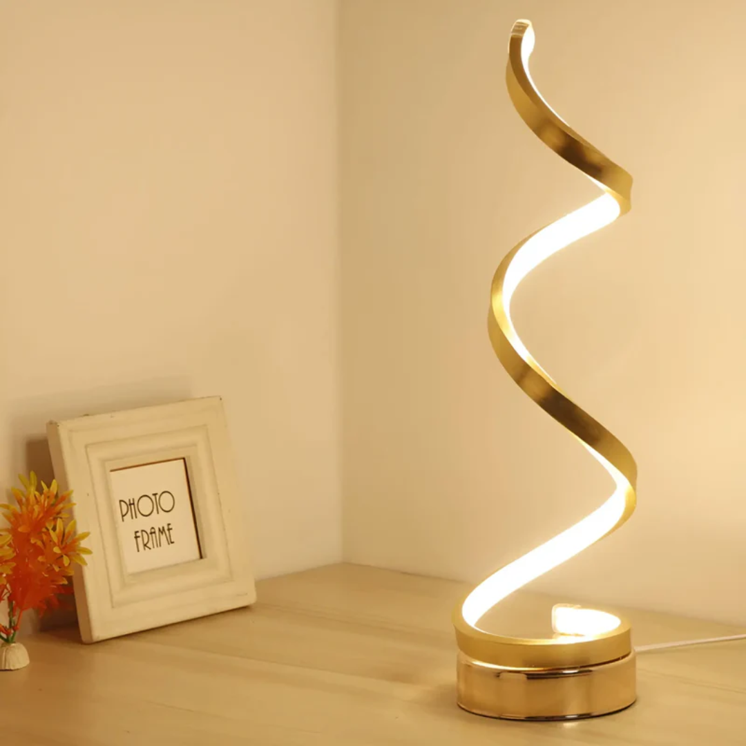Contemporary spiral LED table lamp, dimmable, ideal as a desk lamp or bedside lighting for eye comfort.