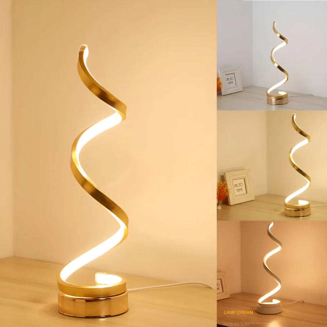 Modern spiral LED table lamp in black, dimmable, a chic home decor accent offering ambient light.