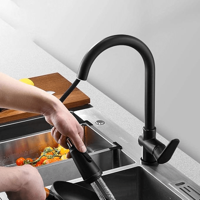 Matte black touch kitchen faucet with pull-out spray, single lever control for easy cleaning and modern style.