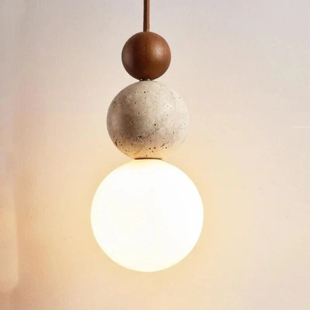 Modern travertine & mahogany pendant light; natural aesthetic for contemporary home decor. Elevate your space.