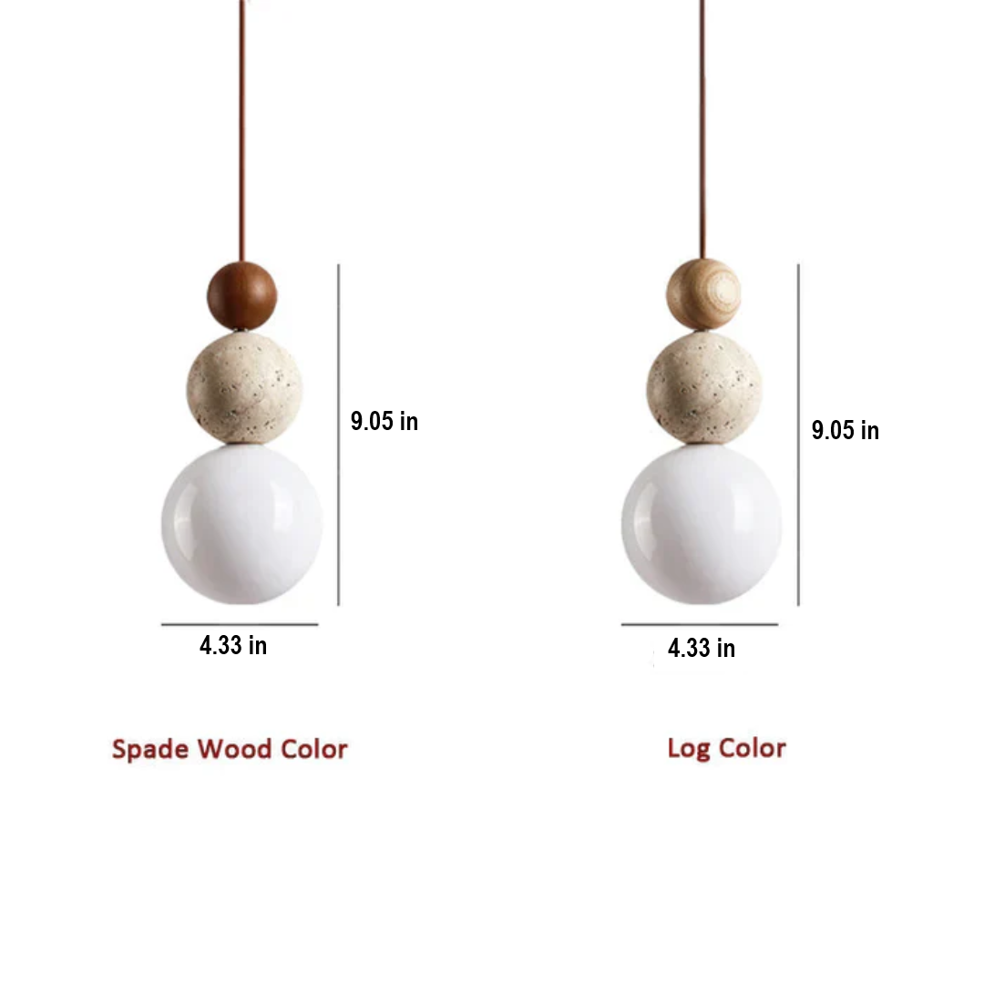 Contemporary LED pendant light, natural travertine and mahogany, perfect for dining & living rooms.