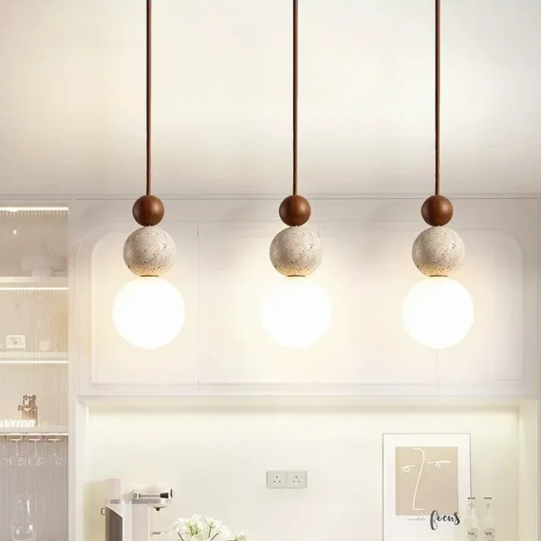 Elegant LED pendant light, perfect for modern kitchen or dining room lighting. Natural aesthetic, contemporary design.