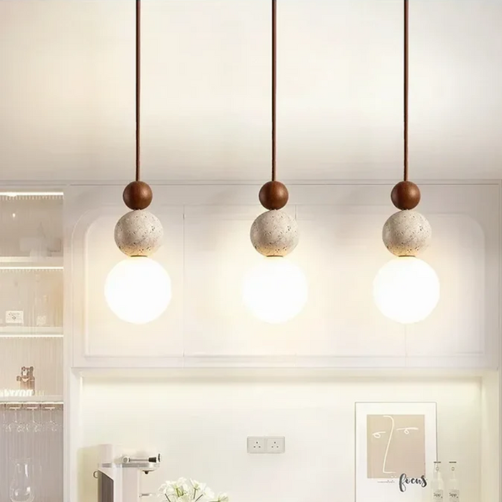 Elegant LED pendant light, perfect for modern kitchen or dining room lighting. Natural aesthetic, contemporary design.