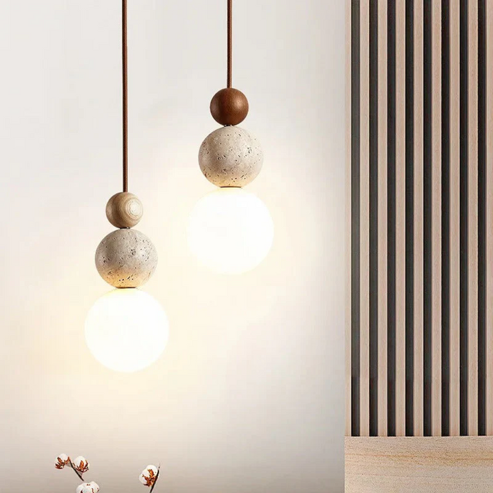 NaturaLuxe modern ceiling lamp, featuring natural travertine and mahogany for a chic, contemporary aesthetic.