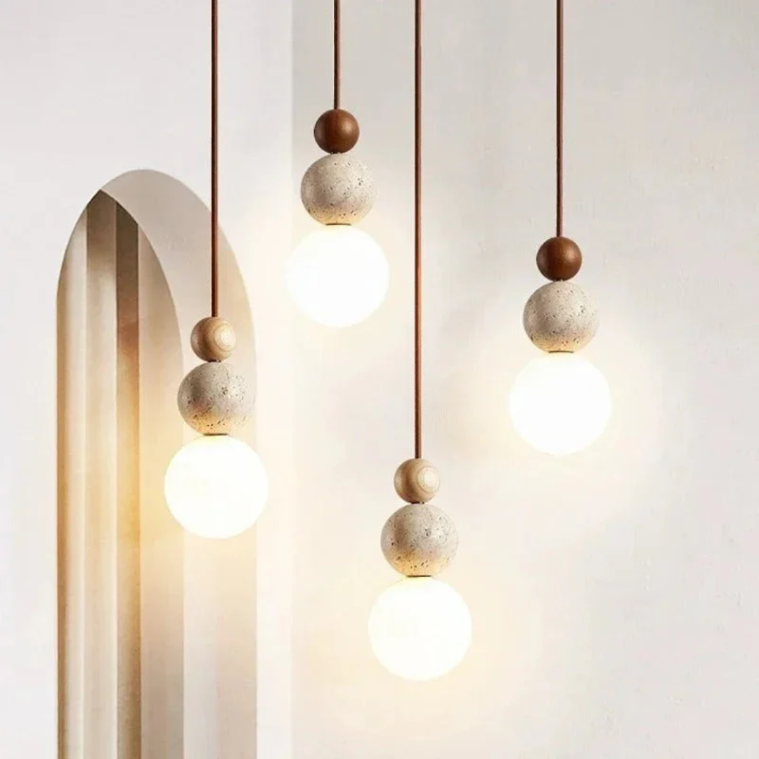 Travertine and mahogany pendant light; ideal decorative lighting for living rooms. Modern natural aesthetic.