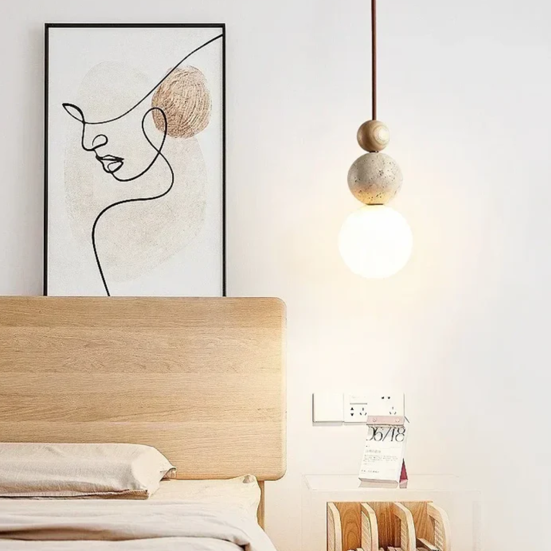 Sleek travertine and mahogany pendant light for modern kitchen or dining room decor. Natural, contemporary style.