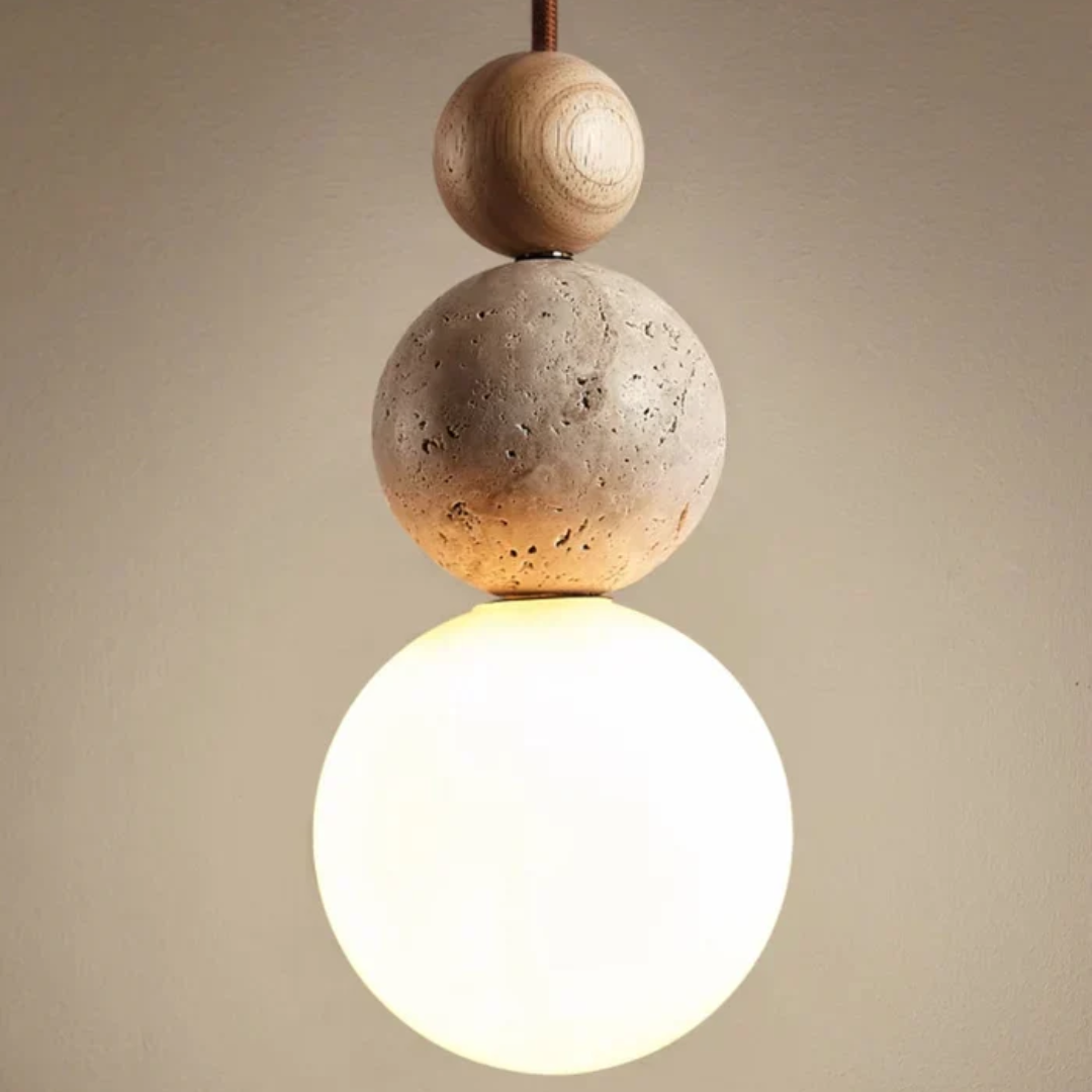 NaturaLuxe modern pendant light, combining travertine and mahogany for a natural, elegant glow in any home.