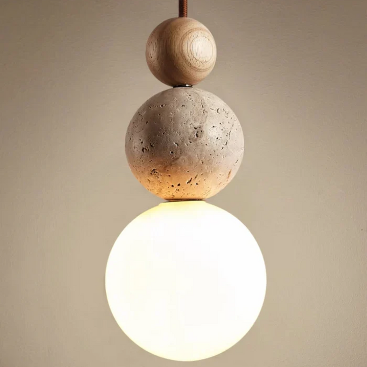 NaturaLuxe modern pendant light, combining travertine and mahogany for a natural, elegant glow in any home.