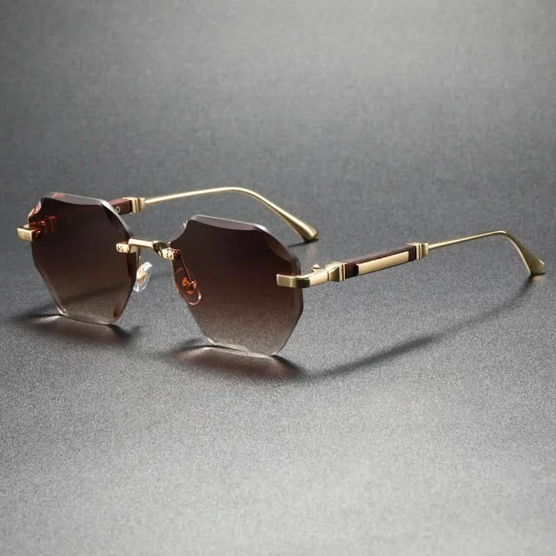 Modern unisex octagonal rimless sunglasses; lightweight fashion eyewear.