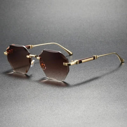 Modern unisex octagonal rimless sunglasses; lightweight fashion eyewear.