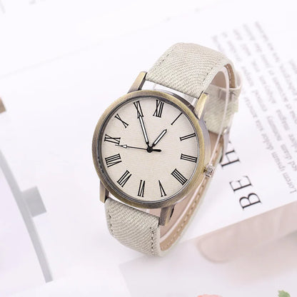 The perfect unisex denim watch: modern, casual, with a stylish denim strap and classic bronze case. Fashionable.