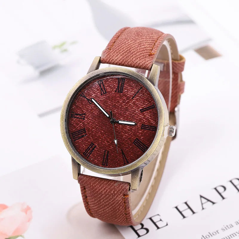 Trendy unisex denim watch, perfect for streetwear; features a durable denim strap & elegant bronze case. Tokyo style.