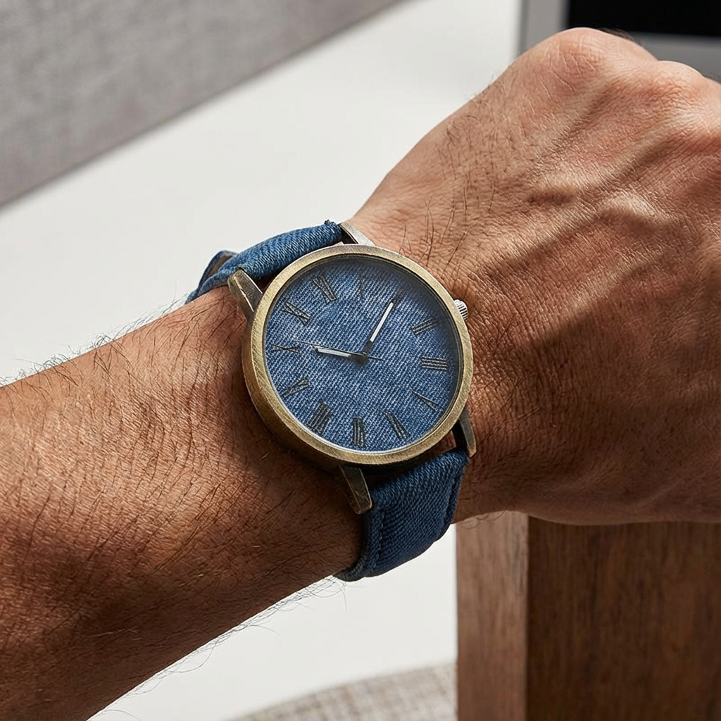 Casual unisex denim watch for street style lovers, featuring a durable denim strap and elegant bronze case.
