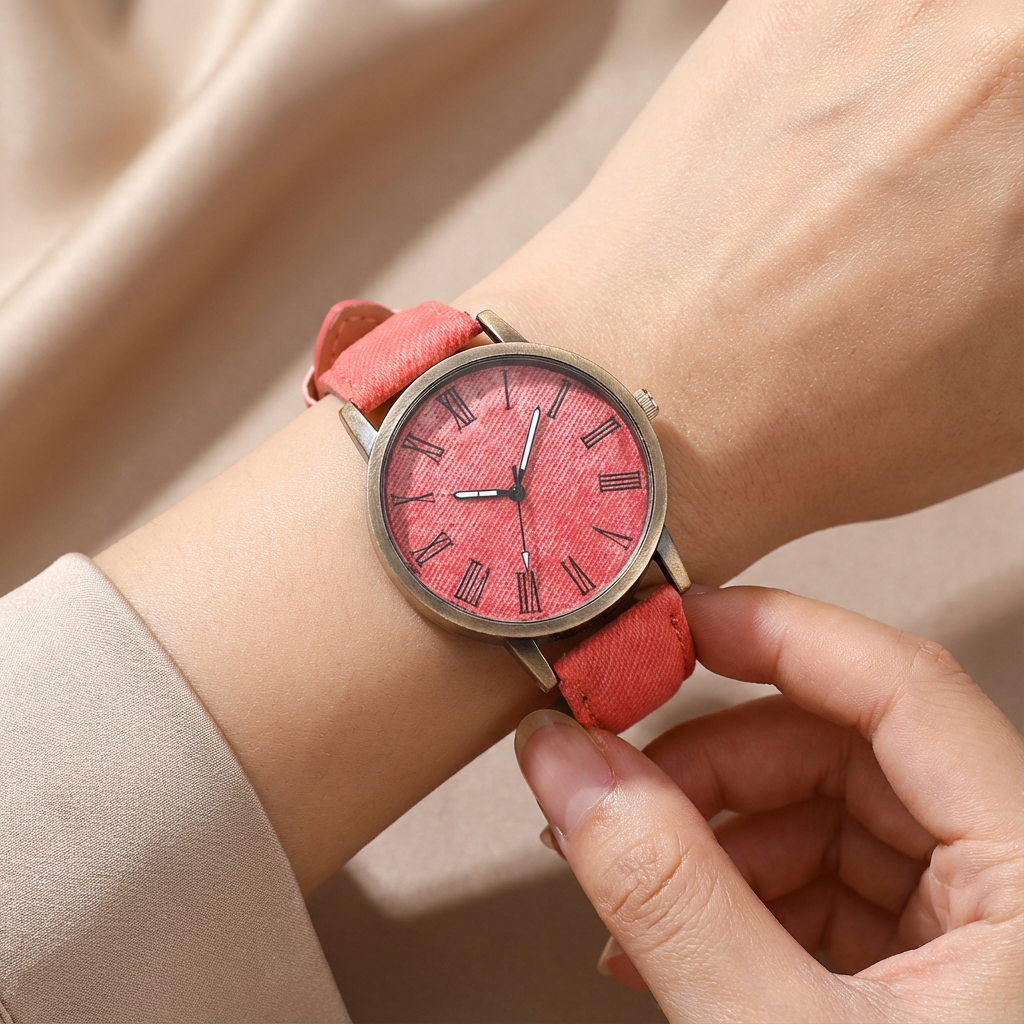 Tokyo street style unisex watch with a unique denim strap and modern bronze case. A must-have fashion accessory.