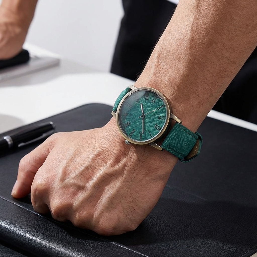 Unisex denim wristwatch with a bronze case, ideal for casual and modern streetwear looks. Tokyo inspired design.