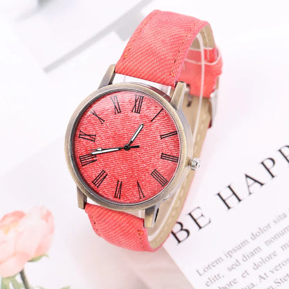 Casual modern unisex watch, complete with a rugged denim strap and sophisticated bronze case. Great everyday accessory.