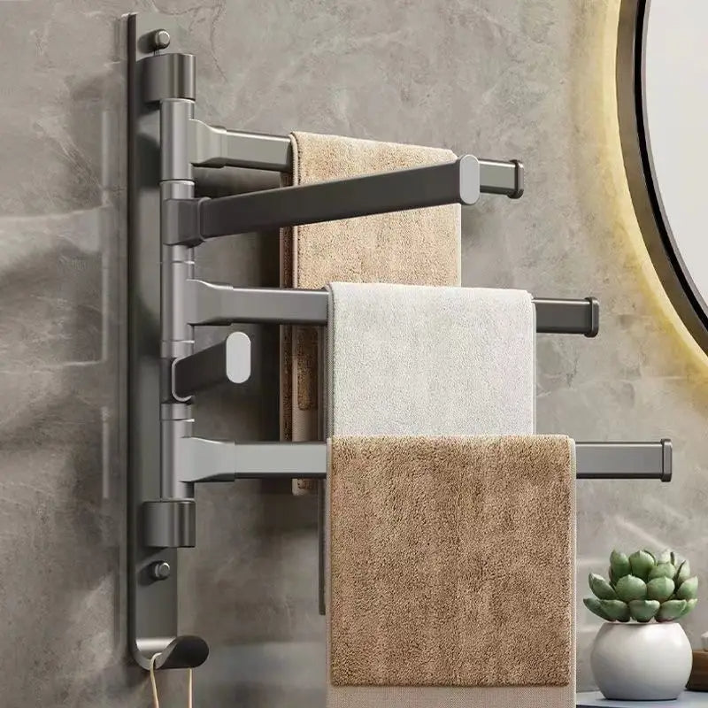 Contemporary swivel arm towel rack for bathrooms, optimizing space with its wall-mounted design.