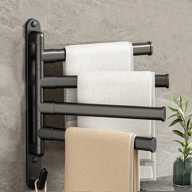 Space-saving swivel arm towel holder, a stylish and functional wall-mounted bathroom storage solution.