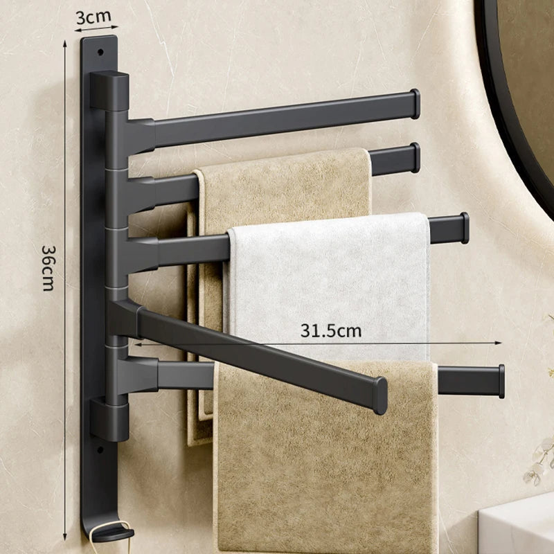 Sleek modern swivel arm towel rack, wall-mounted for convenient and organized bathroom towel storage.