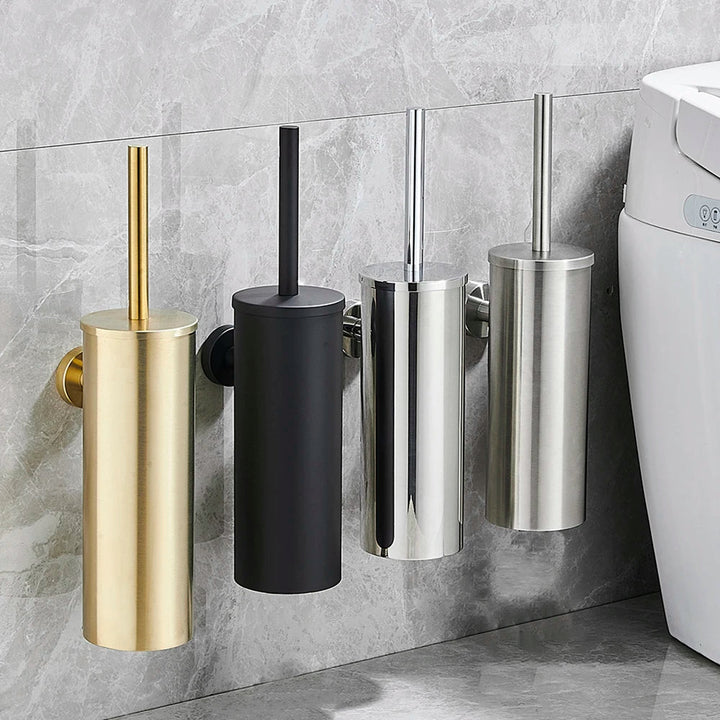 Modern wall-mounted toilet brush with sleek stainless steel holder for compact bathroom organization.