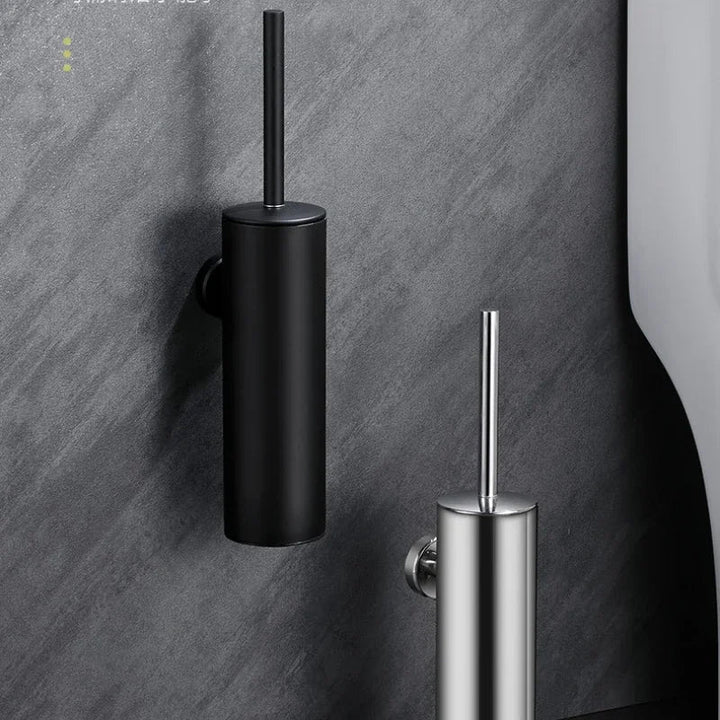 Discreet wall-mounted toilet brush in stainless steel, perfect for modern bathroom home organization.