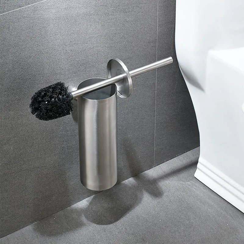 Sleek modern bathroom wall-mounted toilet brush, stainless steel design for stylish & hygienic cleaning.